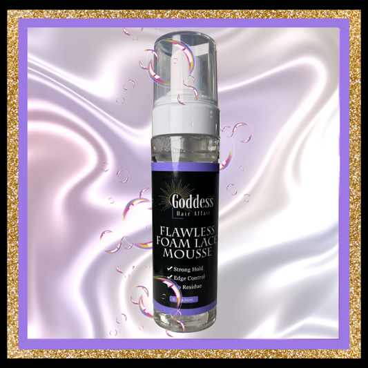 Bottle of Goddess Flawless Foam Lace Mousse on a purple and white background
