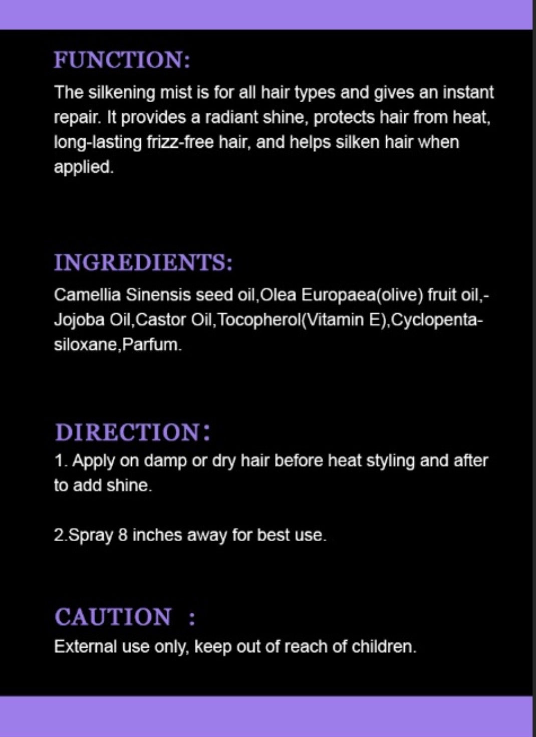 Goddess Glow Silk Mist product label with function, ingredients, directions, and caution on a black background