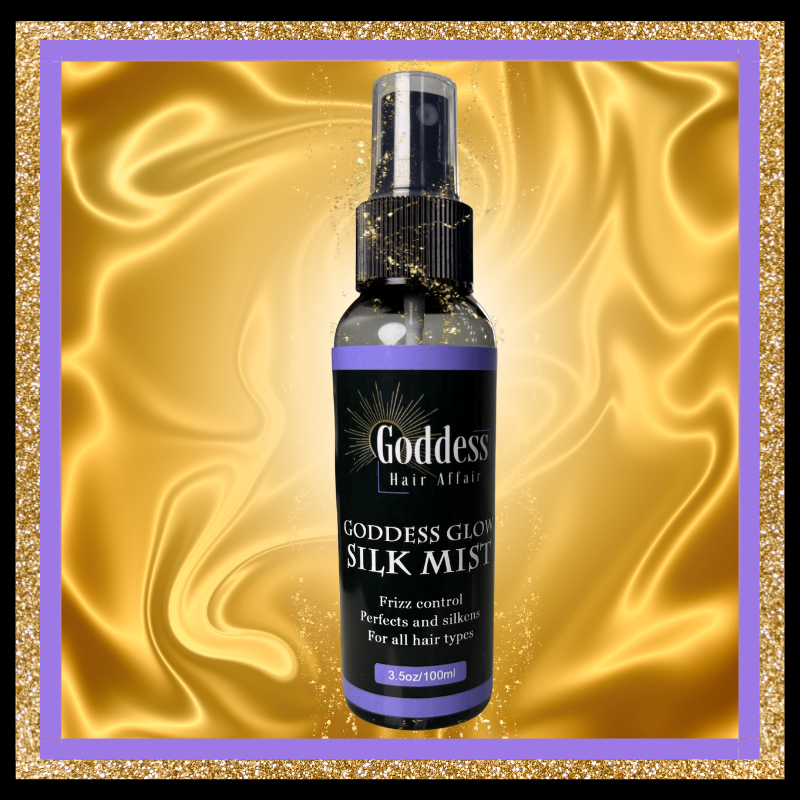 Goddess Glow Silk Mist bottle on a gold satin background