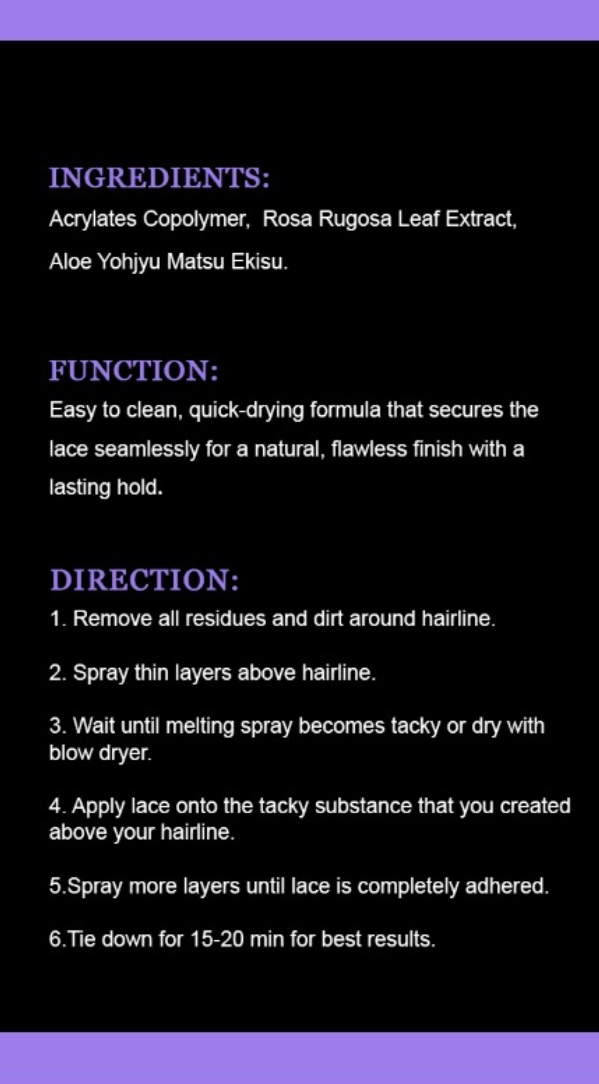 Text detailing ingredients, function, and directions for a hair product on a black background with purple borders.