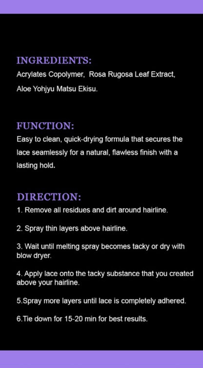 Text detailing ingredients, function, and directions for a hair product on a black background with purple borders.