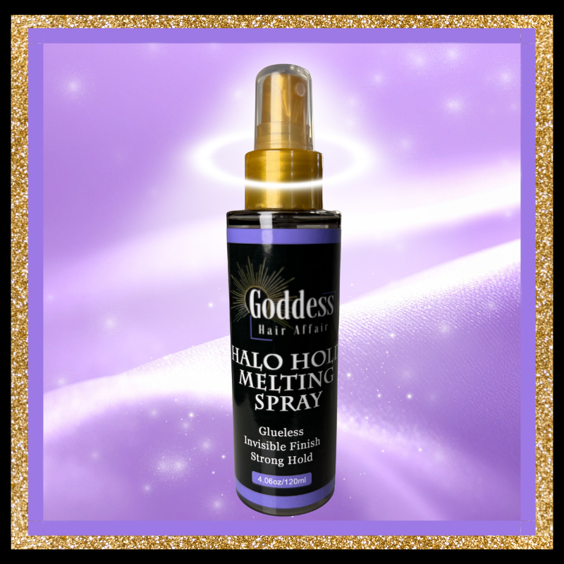 Bottle of Goddess Hair Affair Halo Hold Melting Spray on a purple background