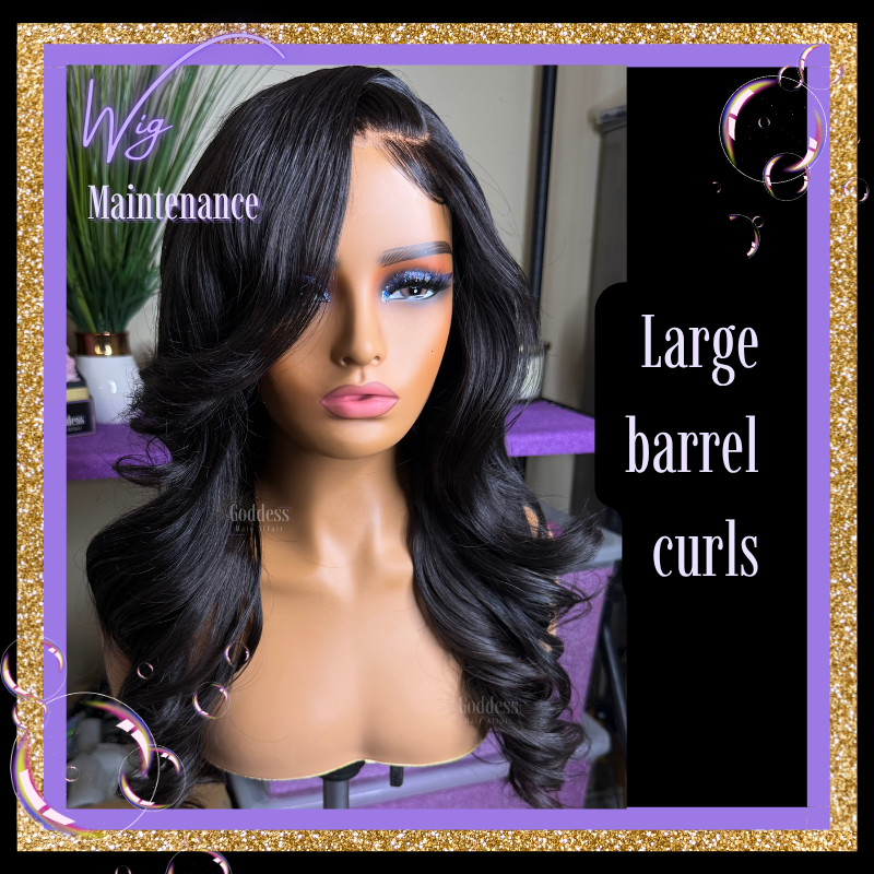 Mannequin head with black wig labeled 'Large barrel curls' on a blurred indoor background.