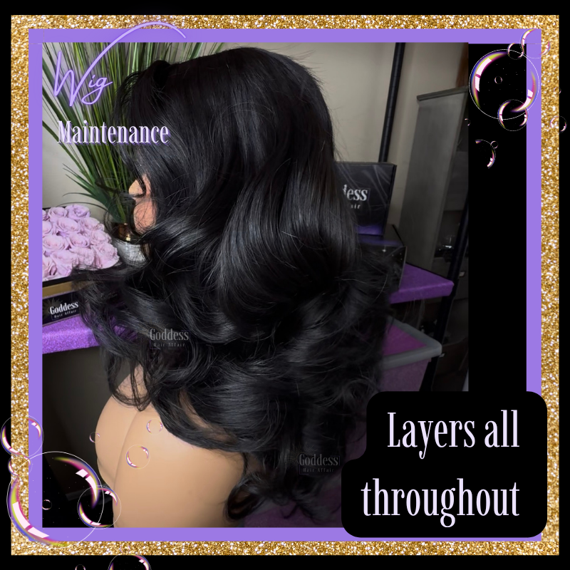 Black wig on a mannequin head with text 'Layers all throughout'