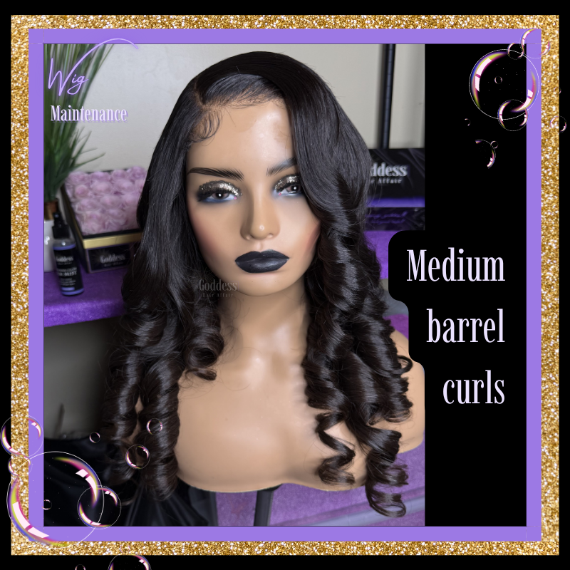 Mannequin head with a wig labeled 'Medium barrel curls' on a purple background.
