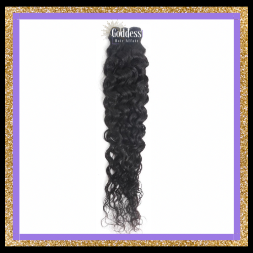 A single bundle of long, black brown, curly wavy hair extensions with a 'Goddess Hair Affair' label at the top, centered on a white background with a purple and gold glitter border.
