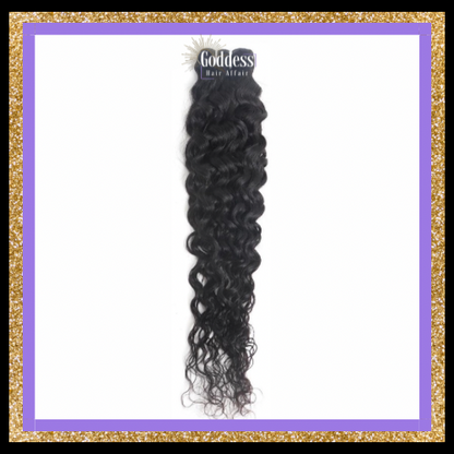 A single bundle of long, black brown, curly wavy hair extensions with a 'Goddess Hair Affair' label at the top, centered on a white background with a purple and gold glitter border.