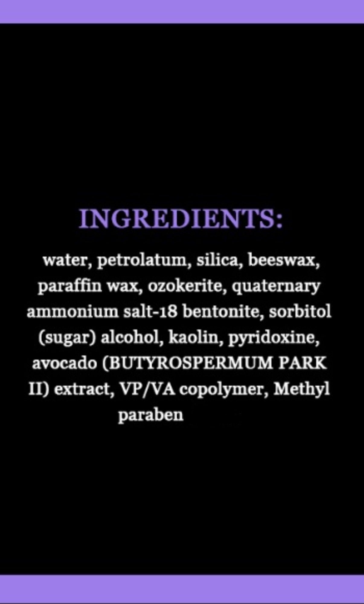 Velvet Touch Wax Stick list of ingredients on a black background with purple text