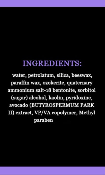 Velvet Touch Wax Stick list of ingredients on a black background with purple text