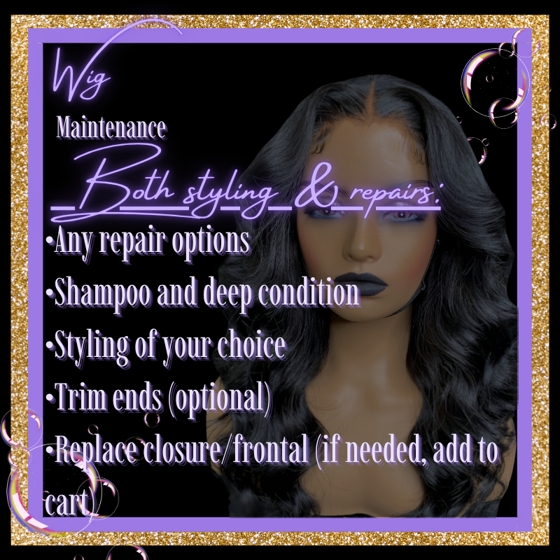 Wig with text detailing maintenance options on a black background