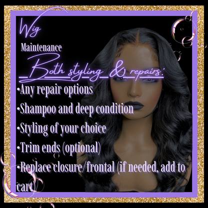 Wig with text detailing maintenance options on a black background