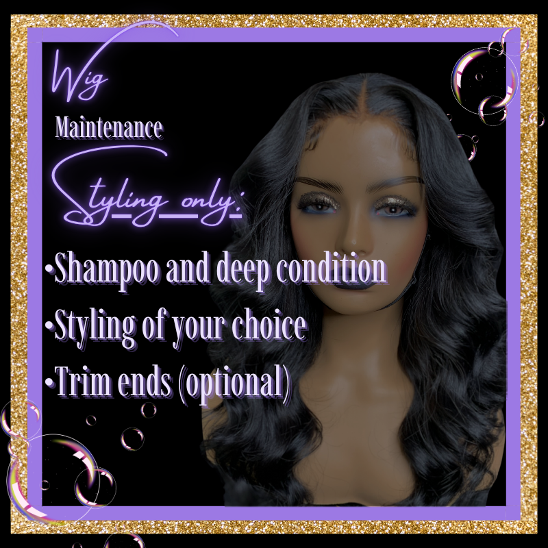 Mannequin head with wig and text about wig maintenance on a black background