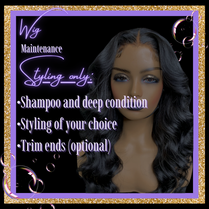 Mannequin head with wig and text about wig maintenance on a black background